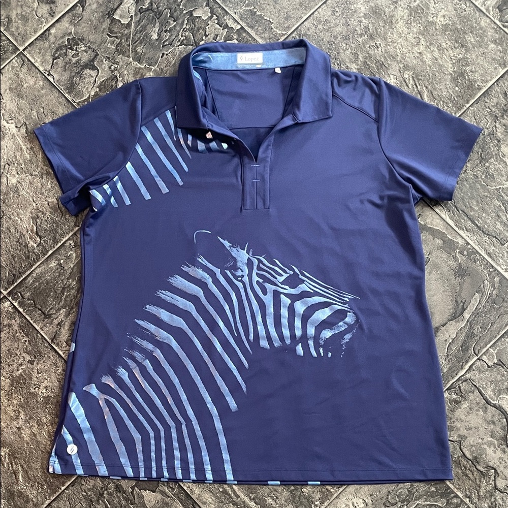 LOPEZ Delux Dri Blue Zebra Print Polo Golf Athleisure Activewear Sporty Shirt